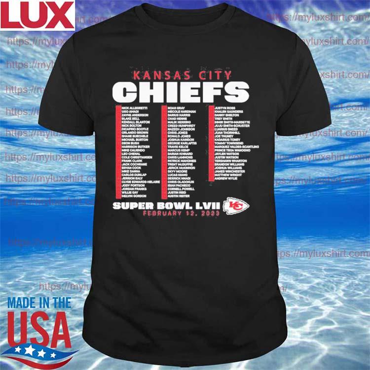 Kansas City Chiefs Super Bowl LVII Varsity Team Roster T-Shirt